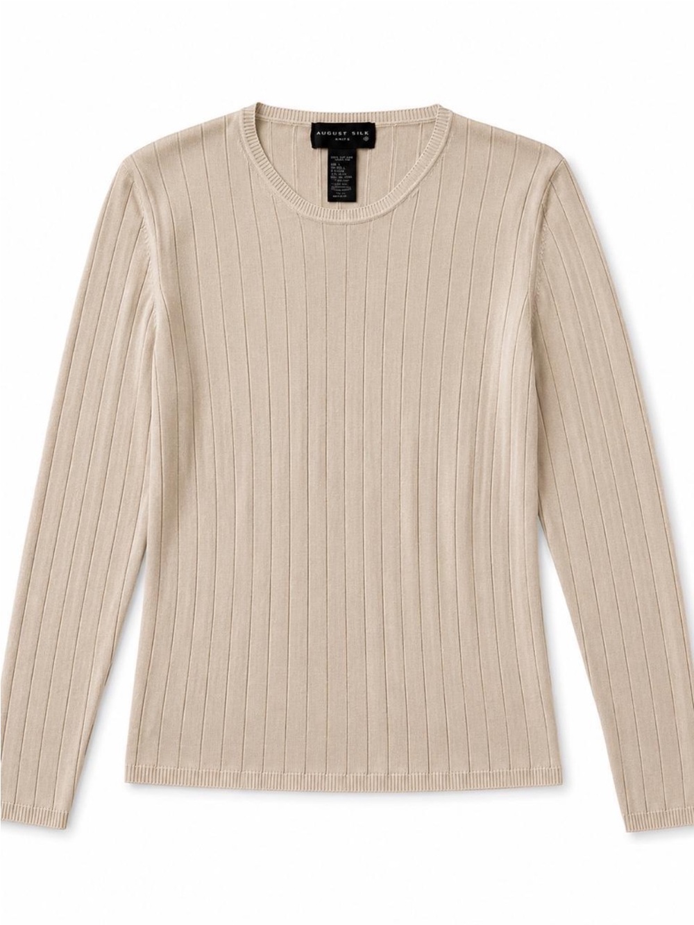 Vintage August Silk Beige Ribbed Long Sleeve Knit Crew Neck - Picture 2 of 6